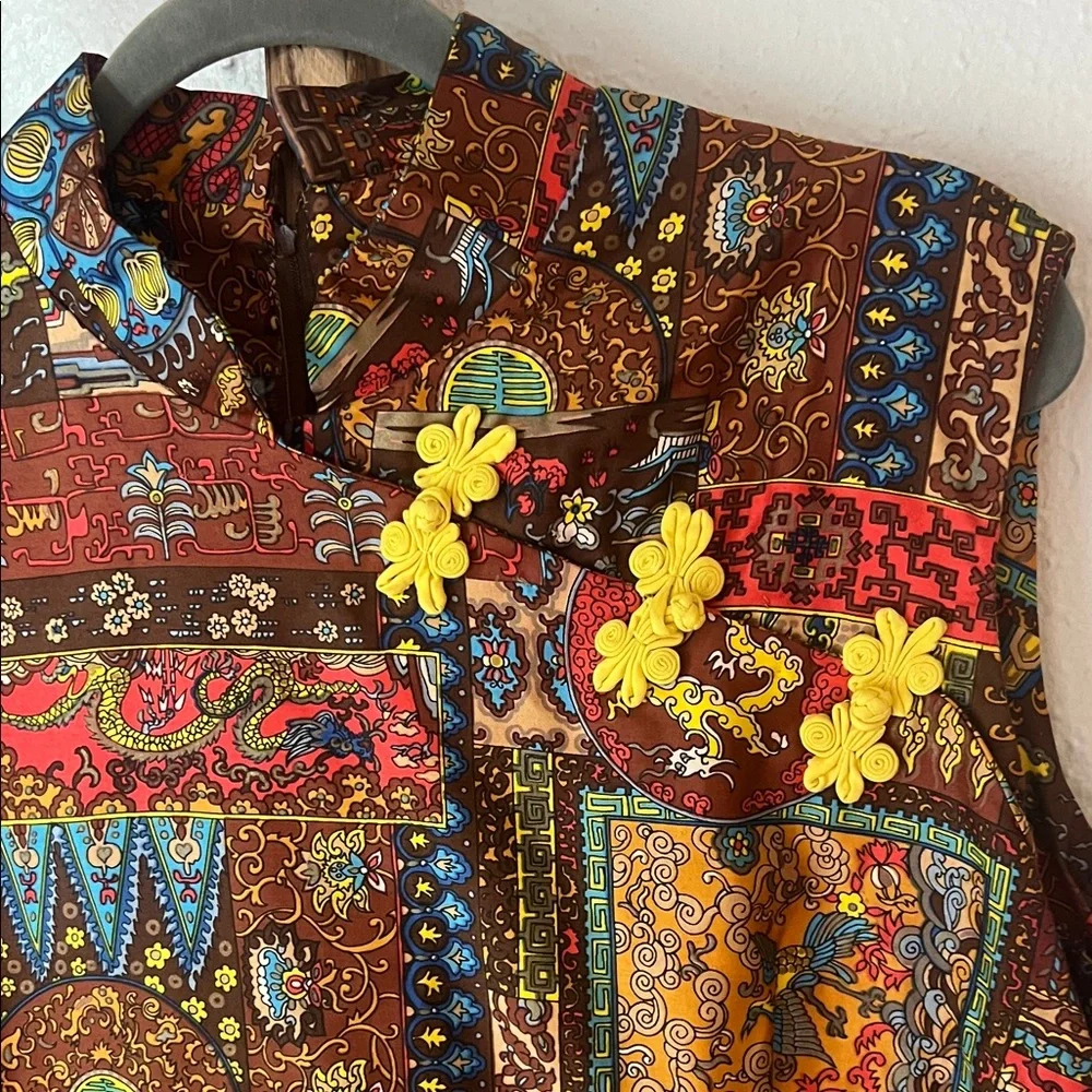 Vintage OOAK Cotton Patchwork Cotton Cheongsam Sleeveless Midi Dress - Picture 2 of 8